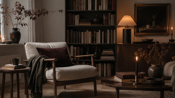 Dark academia interieur: diepe kleuren, boeken en kaarslicht met een Scandinavische basis
