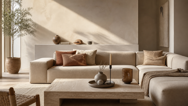 Japandi interieur met lage meubels, keramiek en natuurlijke materialen in een serene woonkamer