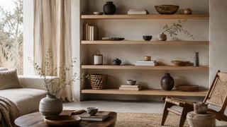 Japandi boekenkast styling: rustige wandplanken met natuurlijke accessoires