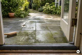 Groene algen op natte terrasstenen bij een open tuindeur