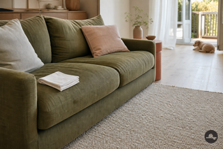 Olijfgroene bank, licht vloerkleed en houten vloer in een verzorgd interieur