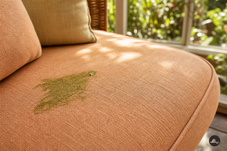 Groene bladgroenvlek met een klein bladrestje op een abrikooskleurige bank
