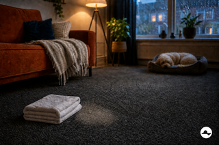 Rustige opruimsituatie bij een kleine vochtplek in donker tapijt met handdoeken en een hond op de achtergrond
