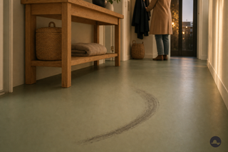 Brede gebogen rubberstreep op een saliegroene gietvloer in de hal