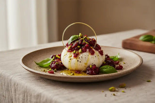 Burrata met geplette kersen en pistache