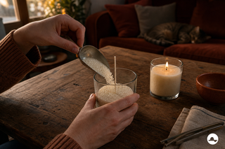 Handen vullen een glazen kaars met ivoorkleurige Sand Wax rond een katoenen lont