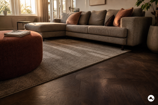 Verzorgde woonkamer met een donkere houten vloer, schoon vloerkleed en grijze bank