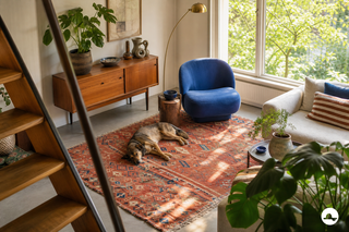 Interior ecléctico con sillón azul, armario vintage, alfombra terracota y un perro dormido