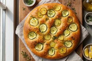 Focaccia met courgette en aardappel (met citroen, kruiden en zeezout)