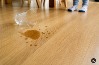 Bruine frisdrankvlek en kleverige druppels op honingkleurig laminaat