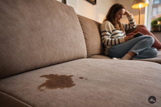 Frisdrankvlek op een taupekleurige bank in een levendige woonkamer
