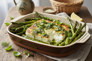 Gegrilde feta met groene asperges en frisse kruidenolie