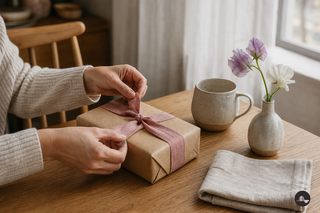 Manos atando una cinta rosa de lino a un regalo del Día de la Madre junto a una taza y flores de primavera