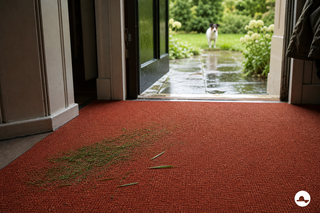 Groene grassmeren en grassprietjes op een roestrode loper bij de tuindeur
