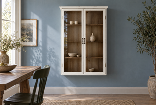 Witte Hazem-vitrinekast aan een blauwe wand met kleine groepen servies achter glazen deuren.