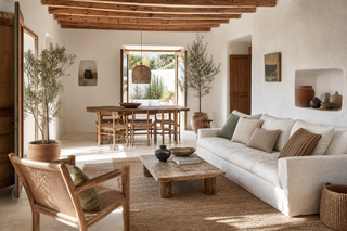 Licht Ibiza style interieur met wit stucwerk, naturel hout, rotan en linnen