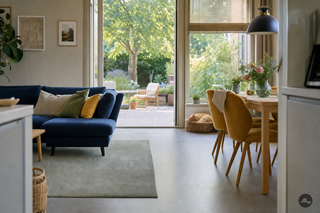 Onderhouden woonkamer met schone vloer, vloerkleed en meubels in zomerlicht