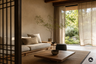 Serene Japandi woonkamer met laag eiken meubel, linnen en open zicht op een zomertuin
