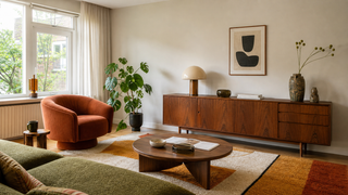 Jaren 70 interieur met walnoothouten kast, roestkleurige fauteuil, ronde salontafel en grafisch vloerkleed