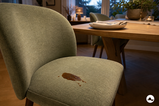 Bruine jusvlek op een saliegroene gestoffeerde eetkamerstoel na het diner