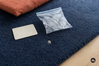 Kauwgom op een donkerblauw vloerkleed met ijszakje en kunststof pasje
