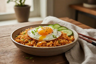 Kimchi fried rice met ei en knapperige toppings