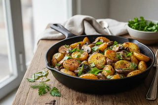 Knapperige aardappels met paddenstoelen en kruidenolie