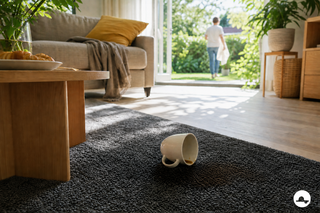 Koffievlek op een donker vloerkleed in een zonnige woonkamer