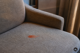 Koraalkleurige lippenstiftveeg op een taupe linnen fauteuil