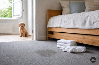 Droge matte restverkleuring op een grijs vloerkleed met een puppy op de achtergrond