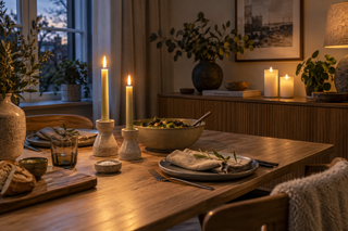Eettafel met twee brandende dinerkaarsen en twee stompkaarsen op een houten dressoir