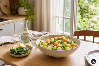 Frisse meloen-muntsalade op een lichte eiken tafel bij een open keukenraam