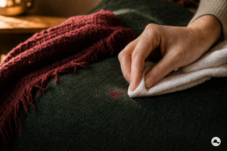 Mancha de pintalabios que se seca con cuidado en un sofá de tela verde oscuro