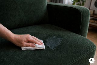 Verse melkvlek voorzichtig deppen op een donkergroene fluwelen fauteuil