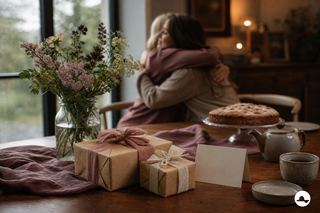 Regalos envueltos y flores para el Día de la Madre con una madre y su hija en un comedor cálido