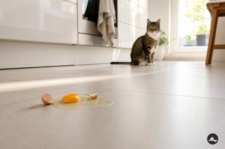Gemorst ei op een lichte keukentegel met een kat op de achtergrond