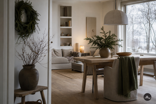 Scandinavisch interieur met natuurlijk dennengroen, zachte groentinten en rustig winterlicht