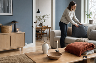 Scandinavische woonkamer met betaalbare woonaccessoires en een persoon die een donker kussen schikt