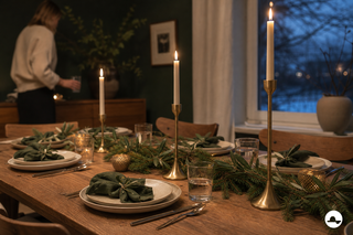 Kersttafel met groen linnen, dennentakken en goudkleurige kandelaars in warm avondlicht