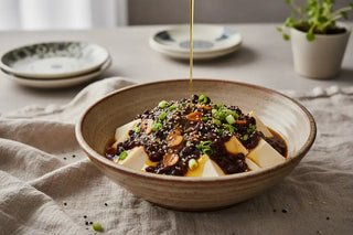 Zijden tofu met zwartebonensaus en knoflookolie
