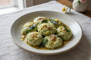 Zachte spinazie-ricotta gnudi met citroen en salie-boter