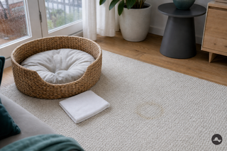Subtiele urinekring op een licht vloerkleed naast een lege huisdierenmand