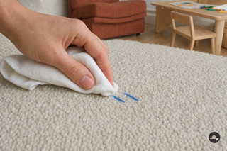 Blauwe viltstiftstrepen voorzichtig deppen uit een off-white vloerkleed