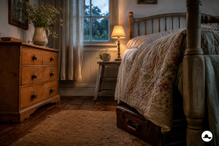 Dormitorio vintage con madera envejecida, colcha floral y luz cálida tras una lluvia de verano