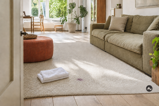 Kleine vlek op een crèmekleurig vloerkleed in een verzorgde woonkamer