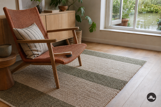 Terracottakleurige fauteuil en vloerkleed in een frisse opgeruimde woonkamer