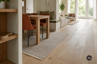 Verzorgde woon- en eetkamer met schone houten vloer en meubels
