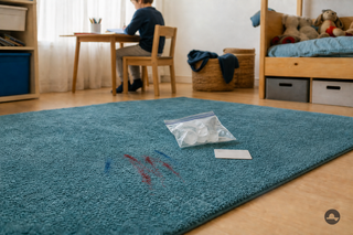 Waskrijtstreep op een turquoise vloerkleed met ijszakje en plastic pasje