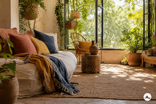 Bohemian serre met warme kussens, geweven manden, planten en gefilterd zomerlicht