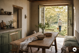 Cocina rústica con mesa de madera antigua, armarios verde salvia y vistas a un huerto soleado